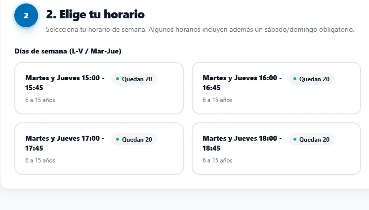 Pantalla real de selección de horarios de natación en Multisports