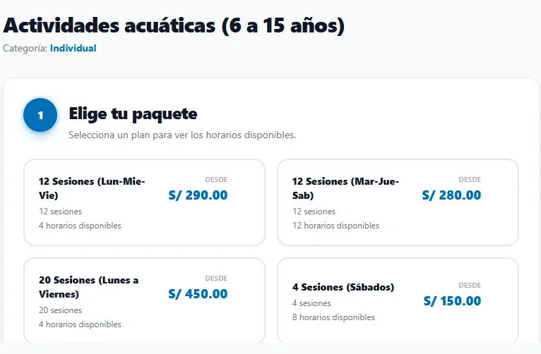 Web real de Multisports: selección de paquetes de natación